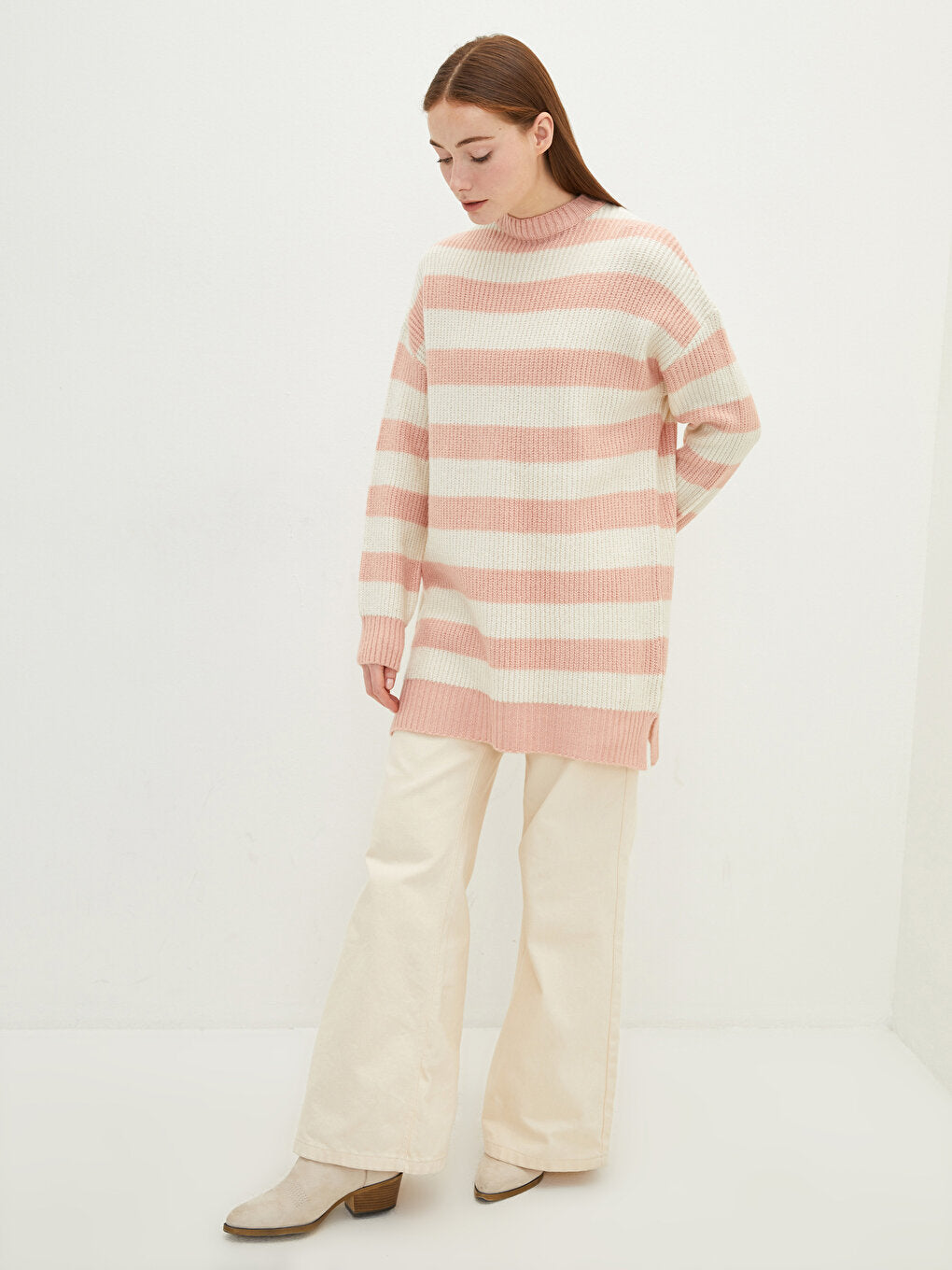 Crew Neck Striped Long Sleeve Women's Knitwear Tunic