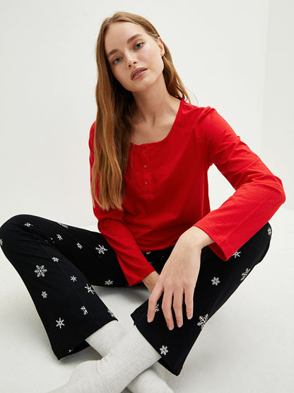 U-Neck New Year Themed Long Sleeve Cotton Women's Pajama Set