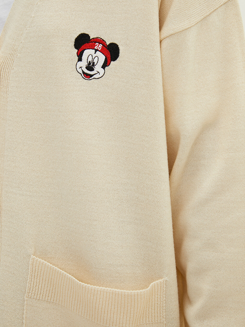 V-Neck Mickey Mouse Embroidered Long Sleeve Oversize Women's Knitwear Cardigan