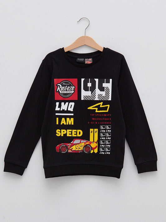 Crew Neck Cars Printed Long Sleeve Boys Sweatshirt