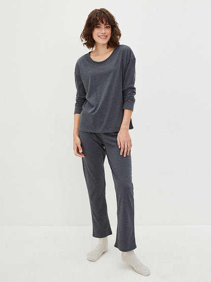 Crew Neck Plain Long Sleeve Cotton Women's Pajama Set