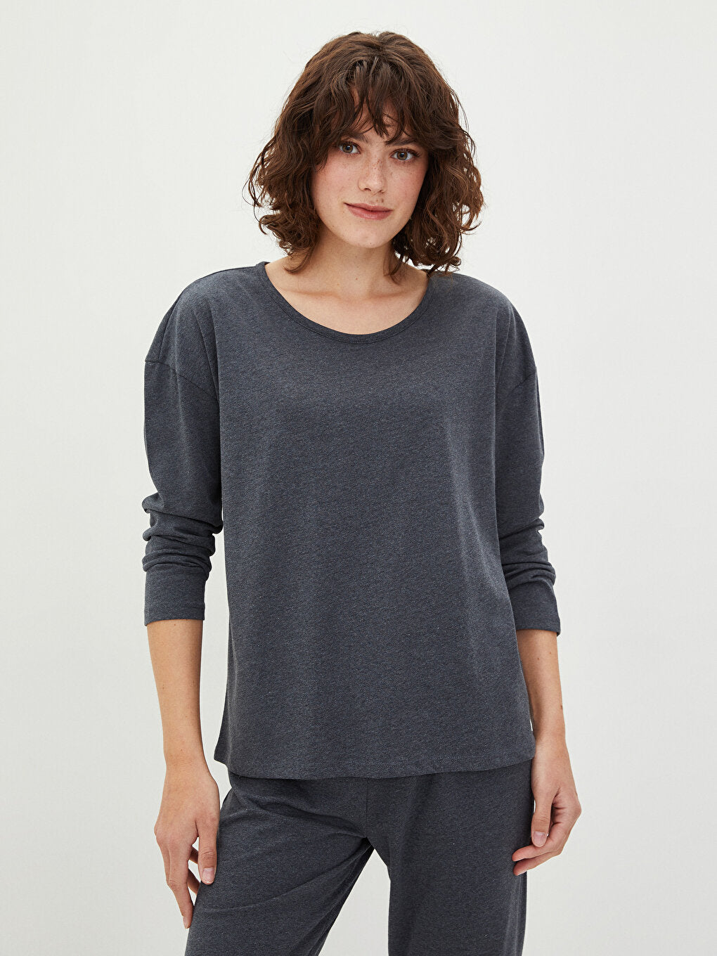 Crew Neck Plain Long Sleeve Cotton Women's Pajama Set