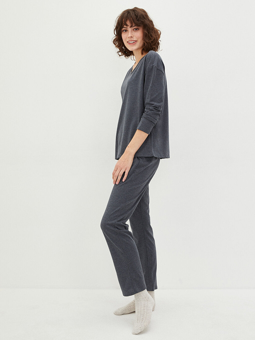 Crew Neck Plain Long Sleeve Cotton Women's Pajama Set