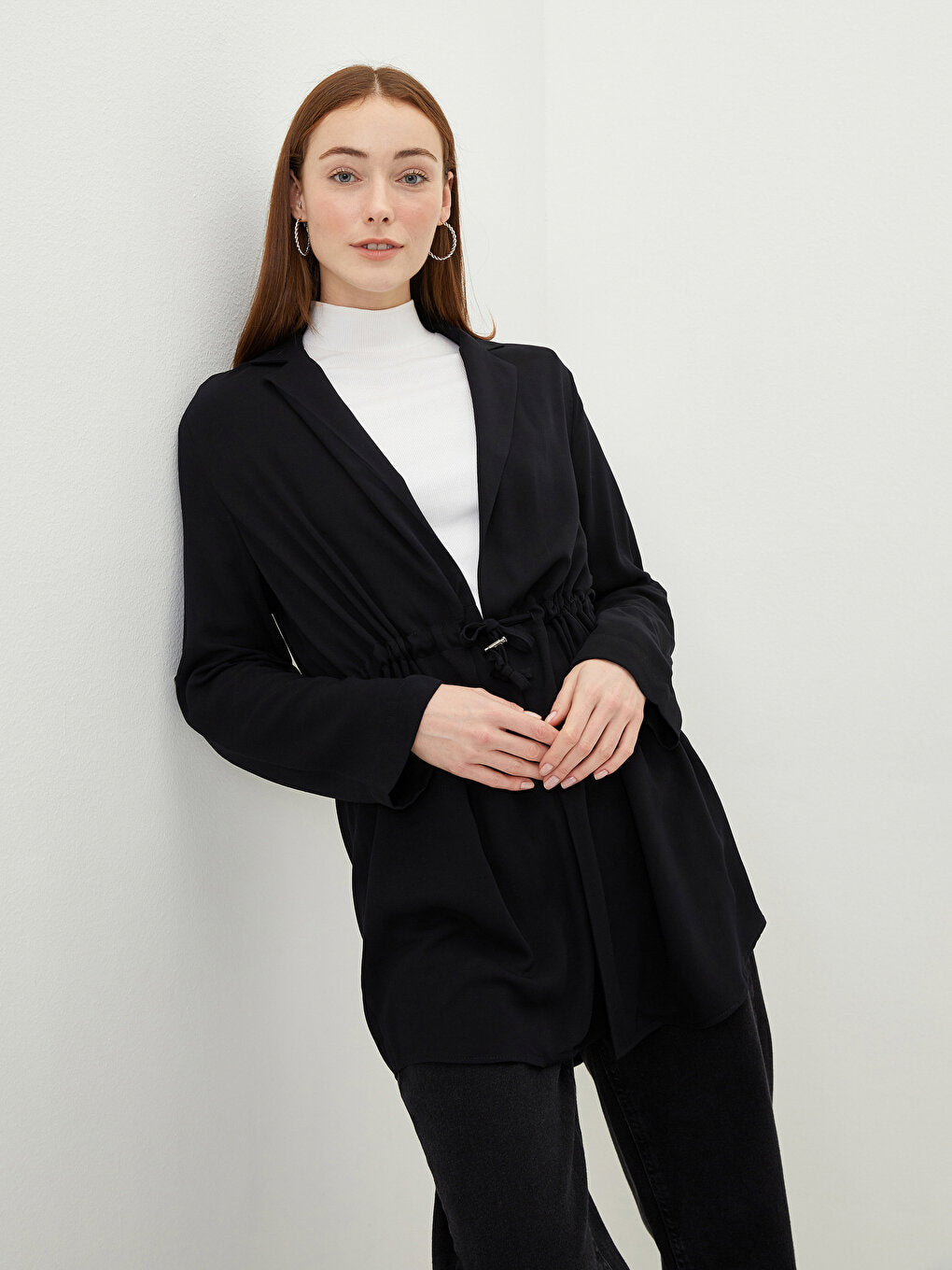 Straight Long Sleeve Viscose Women's Jacket with Gathering Detail on the Front