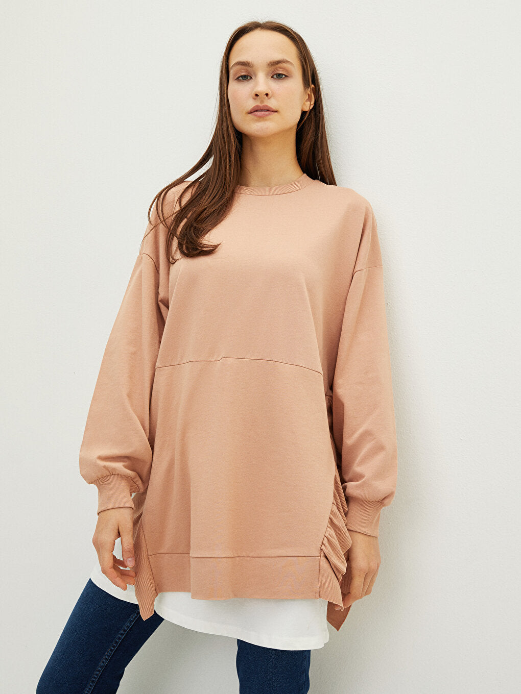 Crew Neck Ruffle Detailed Long Sleeve Women's Sweatshirt Tunic