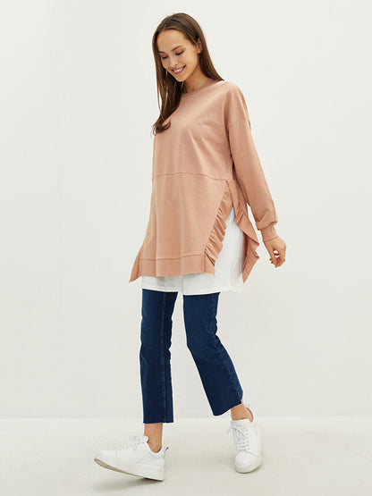 Crew Neck Ruffle Detailed Long Sleeve Women's Sweatshirt Tunic