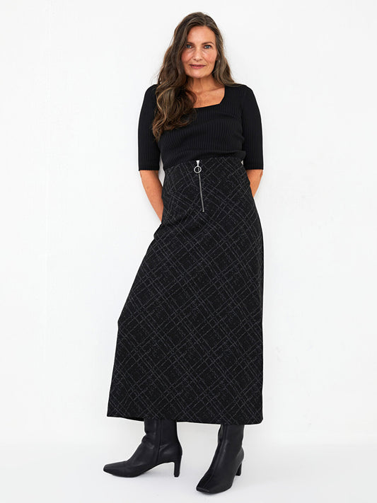 Patterned A-Line Ponte Fabric Women's Skirt with Front Zipper