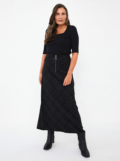 Patterned A-Line Ponte Fabric Women's Skirt with Front Zipper