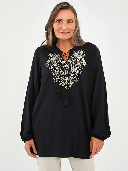 Tie Collar Embroidered Long Sleeve Viscose Women's Tunic