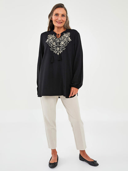 Tie Collar Embroidered Long Sleeve Viscose Women's Tunic