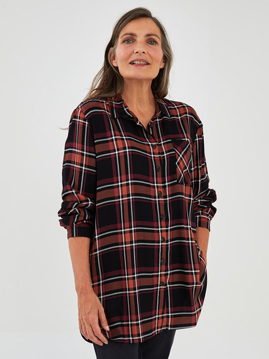 Plaid Long Sleeve Viscose Women's Shirt Tunic