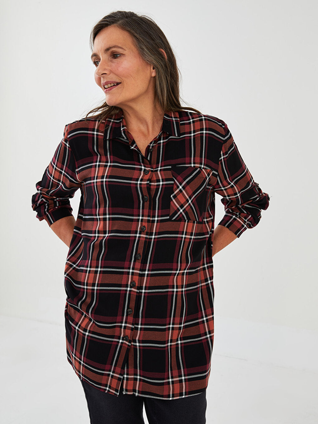 Plaid Long Sleeve Viscose Women's Shirt Tunic