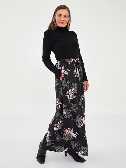 Floral A-Line Viscose Women's Skirt with Elastic Waist