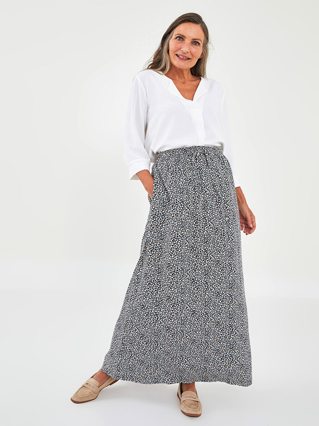 Patterned A-Line Viscose Women's Skirt with Elastic Waist