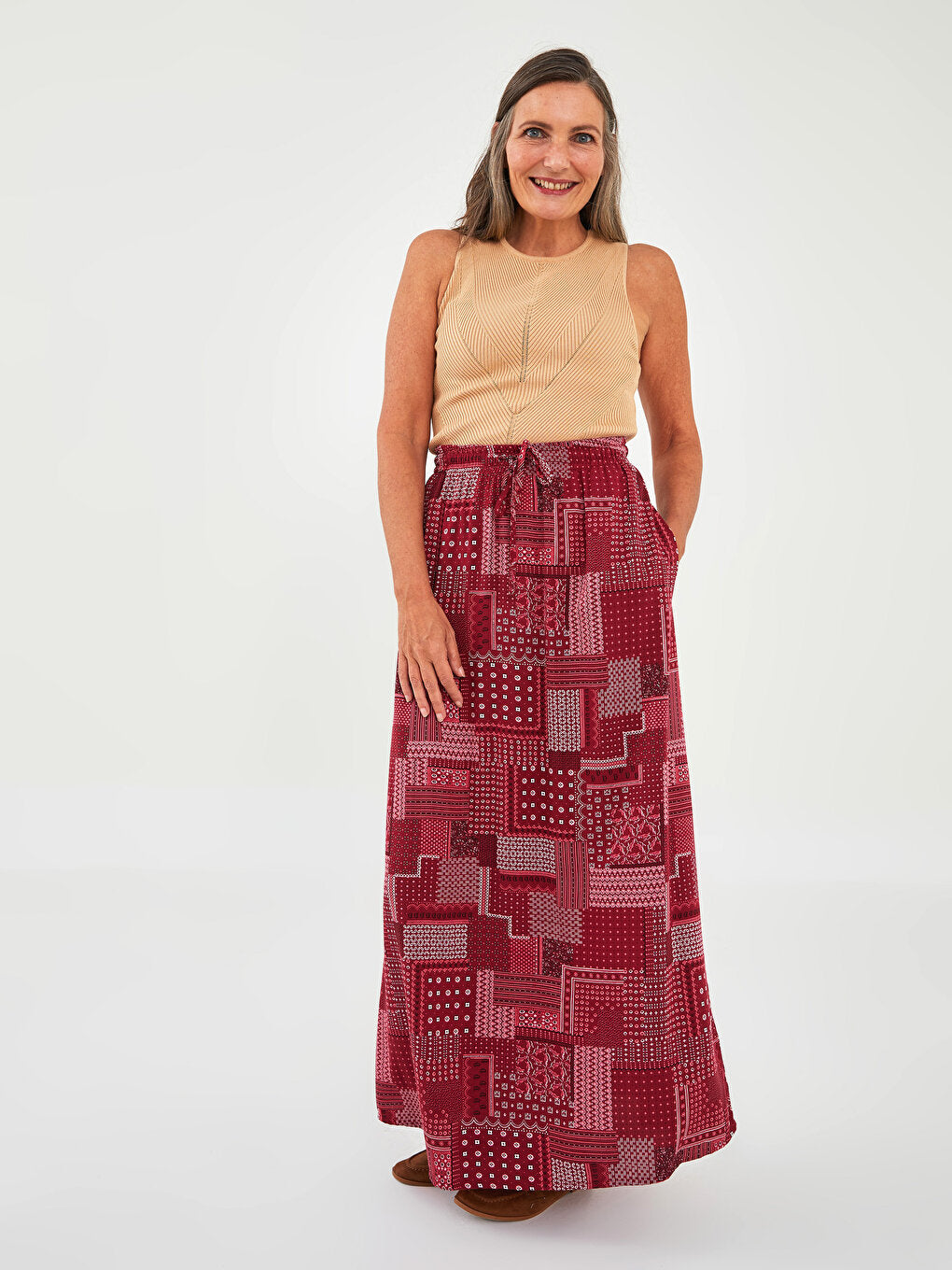 Patterned A-Line Viscose Women's Skirt with Elastic Waist