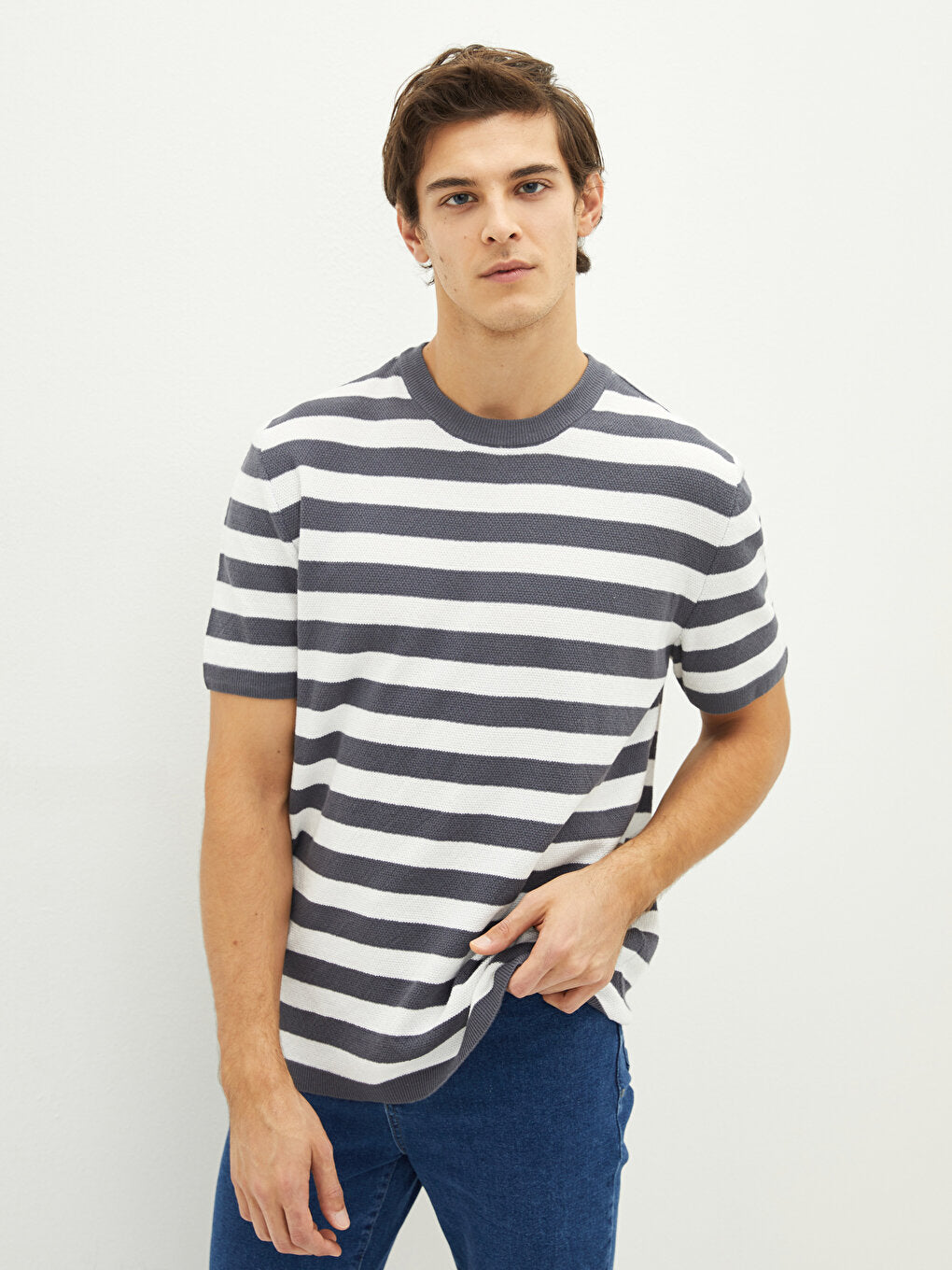 Crew Neck Striped Short Sleeve Cotton Men's Sweater