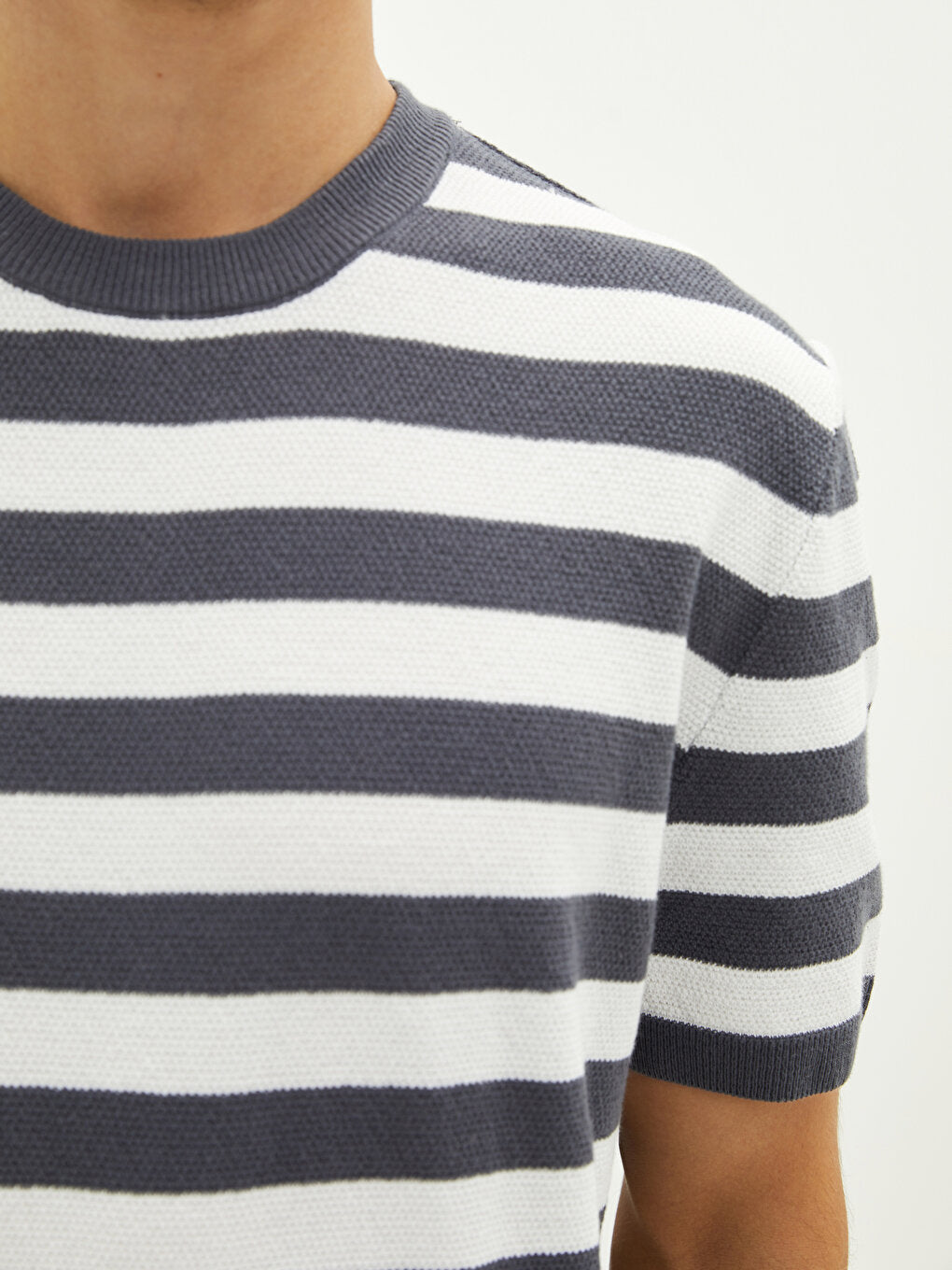 Crew Neck Striped Short Sleeve Cotton Men's Sweater