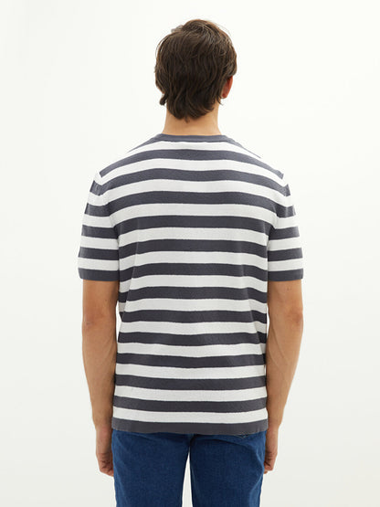 Crew Neck Striped Short Sleeve Cotton Men's Sweater