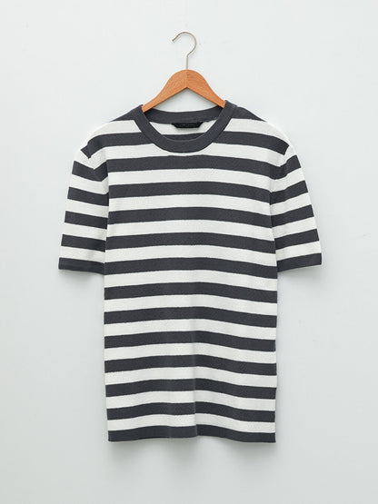 Crew Neck Striped Short Sleeve Cotton Men's Sweater