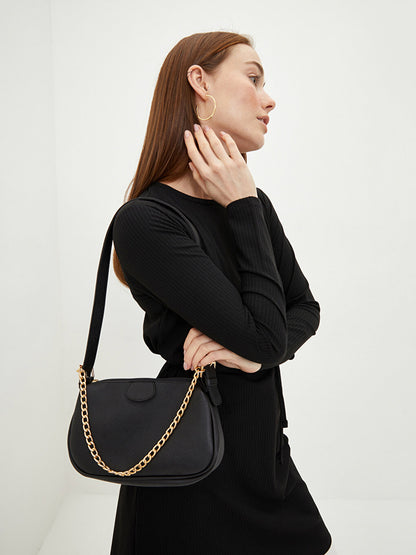 Leather Look Women's Baguette Bag with Chain Detail