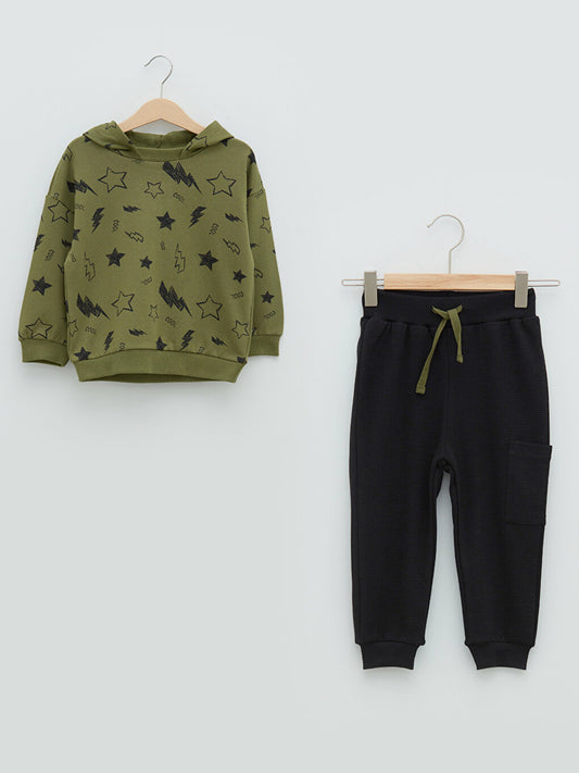 Hooded Long Sleeve Patterned Cotton Baby Boy Sweatshirt and Jogger Pants 2-Piece Set