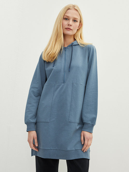 Hooded Plain Long Sleeve Women's Sweatshirt Tunic