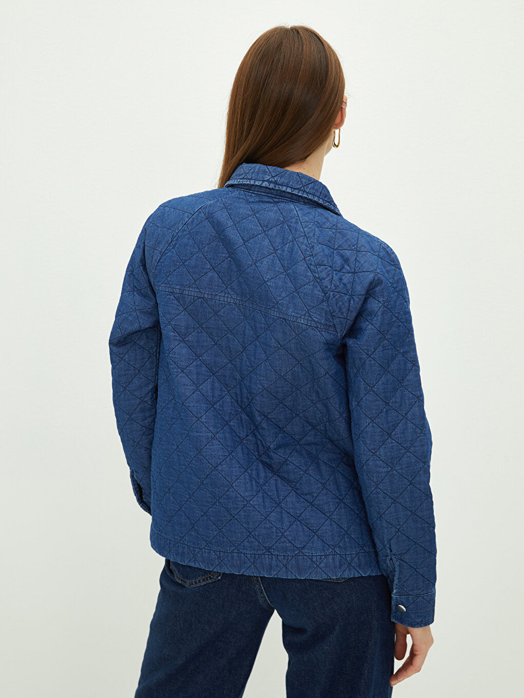 Shirt Collar Quilted Patterned Pocket Detailed Long Sleeve Women's Jean Jacket