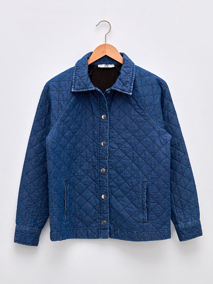 Shirt Collar Quilted Patterned Pocket Detailed Long Sleeve Women's Jean Jacket