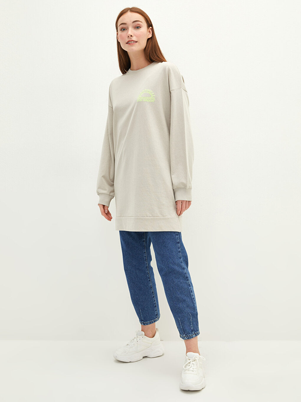 Crew Neck Embroidered Long Sleeve Women's Sweatshirt Tunic