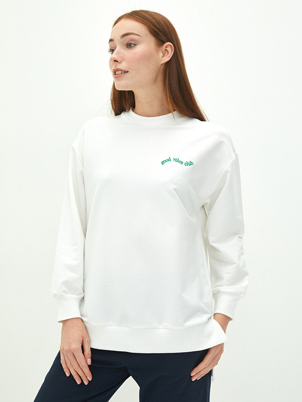 Crew Neck Embroidered Long Sleeve Women's Sweatshirt Tunic