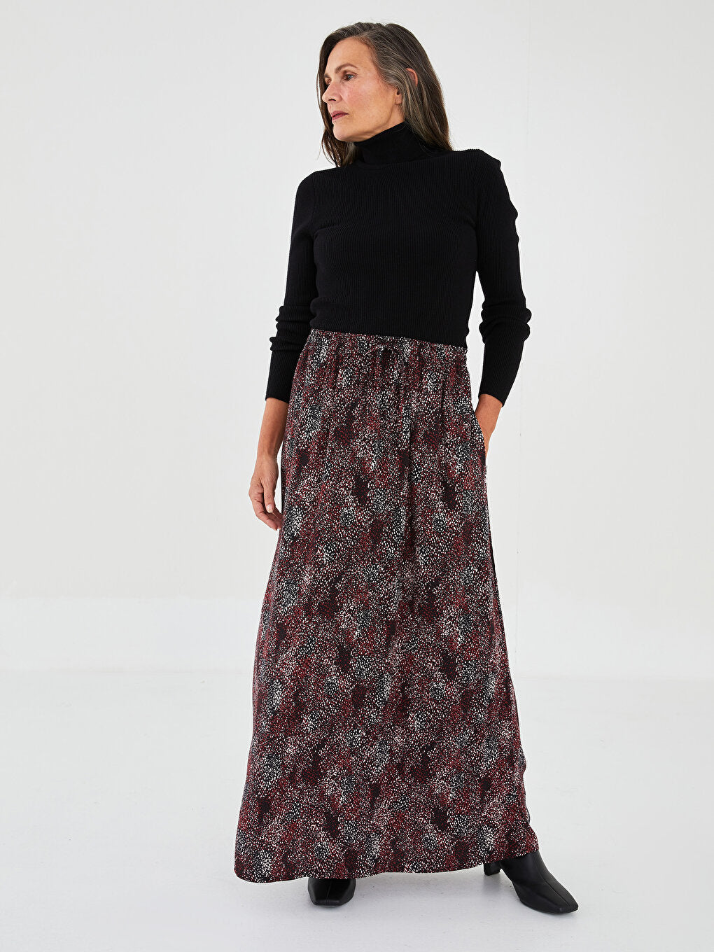 Patterned A-Line Viscose Women's Skirt with Elastic Waist and Tie Detail