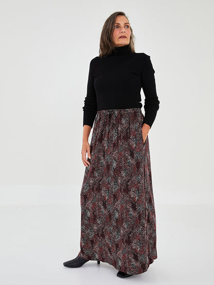 Patterned A-Line Viscose Women's Skirt with Elastic Waist and Tie Detail