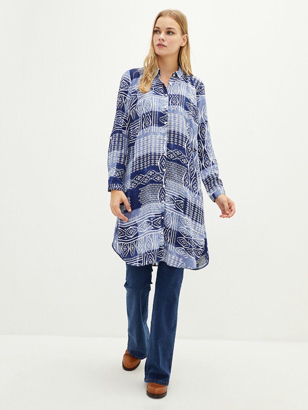 Patterned Long Sleeve Viscose Women's Shirt Tunic