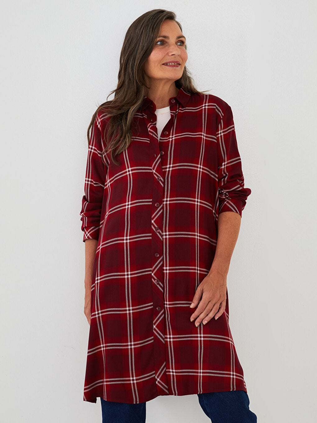 Plaid Long Sleeve Viscose Women's Shirt Tunic