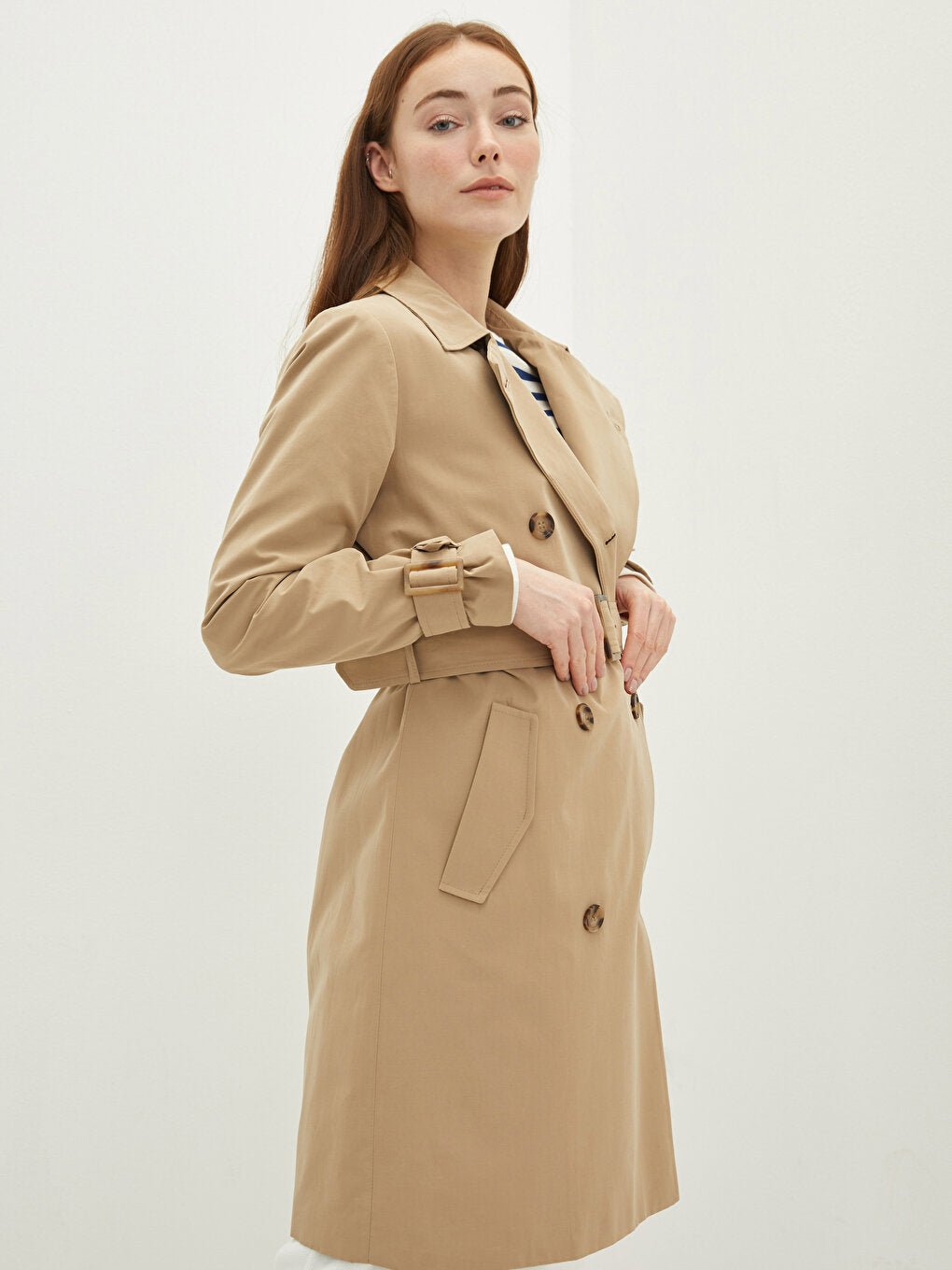 Jacket Collar Flat Waist Belted Pocket Detailed Long Sleeve Women's Trench Coat