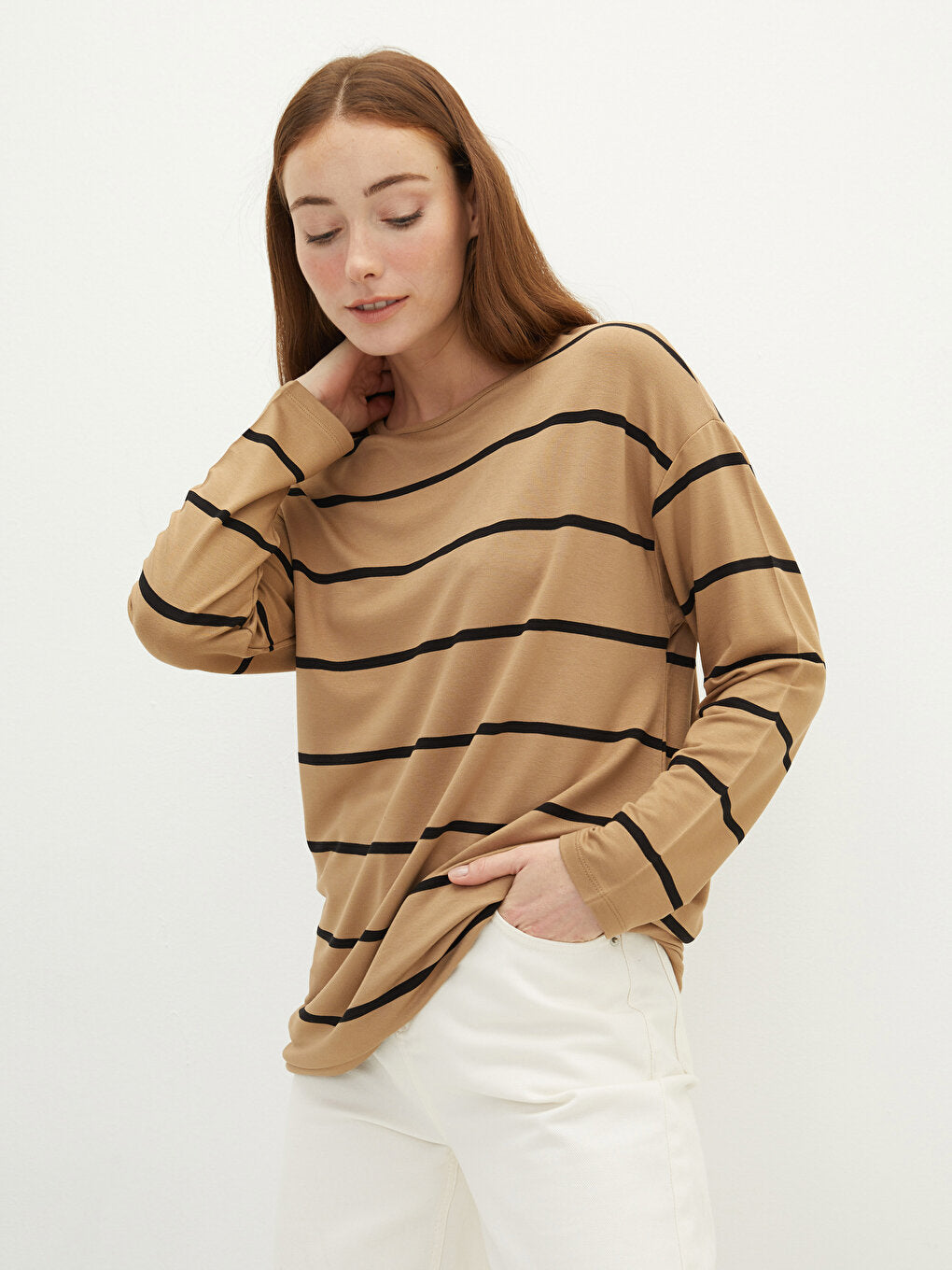 Crew Neck Striped Long Sleeve Women's Sweatshirt Tunic