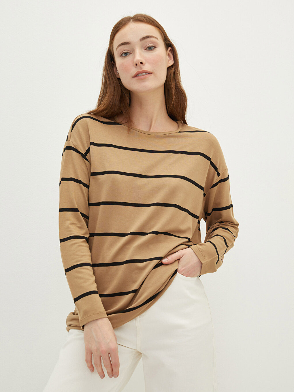 Crew Neck Striped Long Sleeve Women's Sweatshirt Tunic