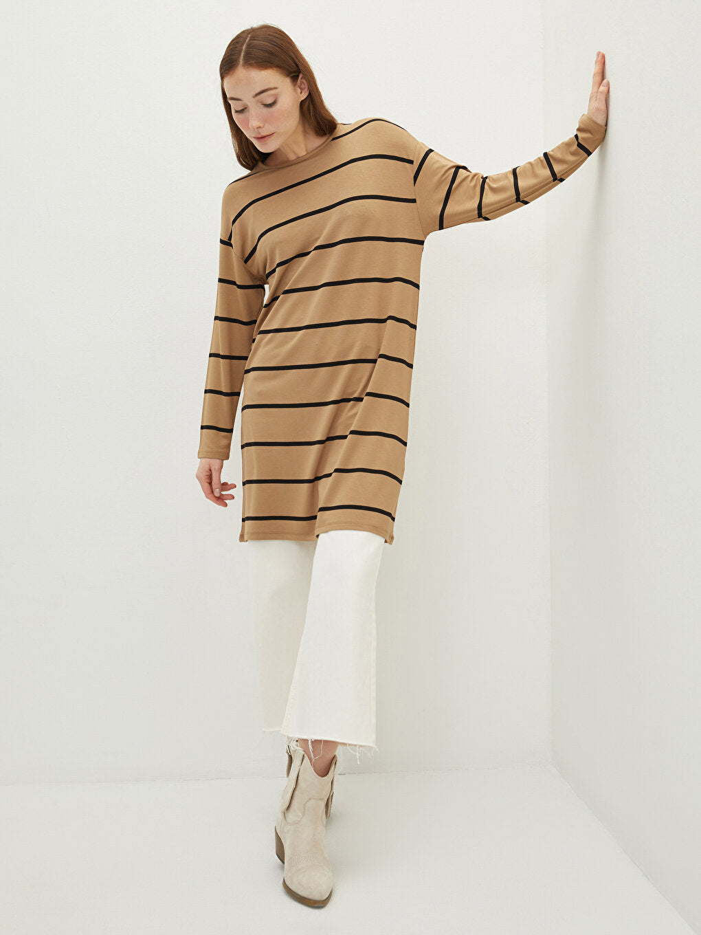 Crew Neck Striped Long Sleeve Women's Sweatshirt Tunic