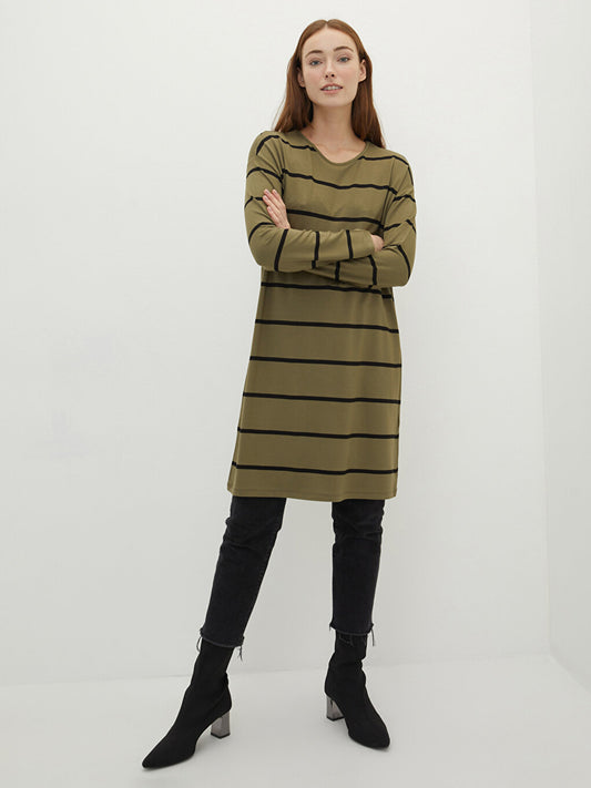 Crew Neck Striped Long Sleeve Women's Sweatshirt Tunic