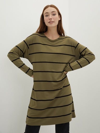 Crew Neck Striped Long Sleeve Women's Sweatshirt Tunic