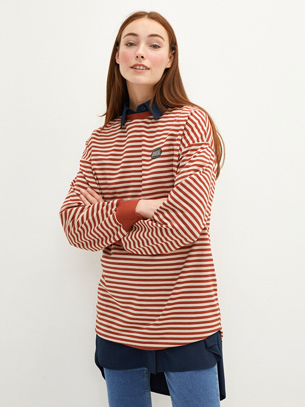 Crew Neck Striped Long Sleeve Oversize Women's Sweatshirt Tunic