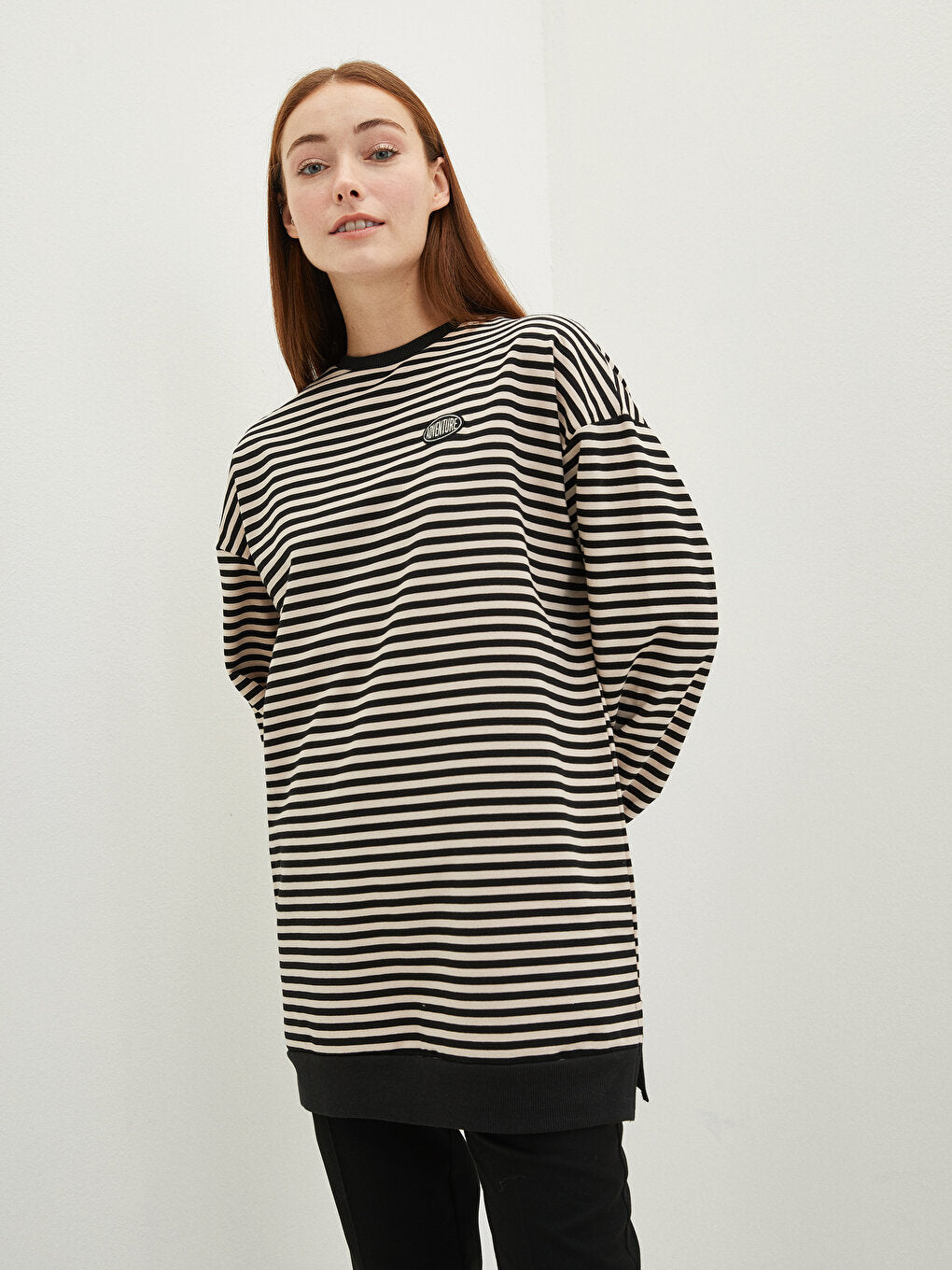 Crew Neck Striped Long Sleeve Oversize Women's Sweatshirt Tunic