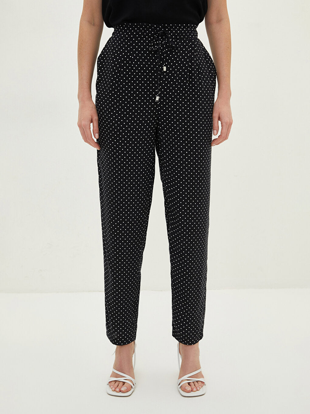 Elastic Waist Polka Dot Pocket Detailed Viscose Women's Trousers