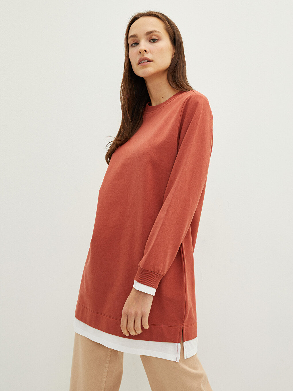 Crew Neck Plain Long Sleeve Women's Sweatshirt Tunic