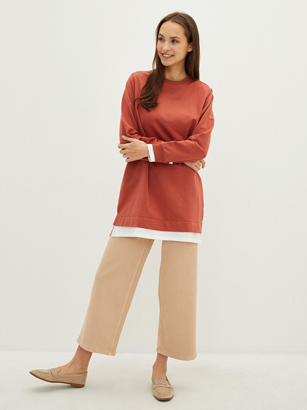 Crew Neck Plain Long Sleeve Women's Sweatshirt Tunic