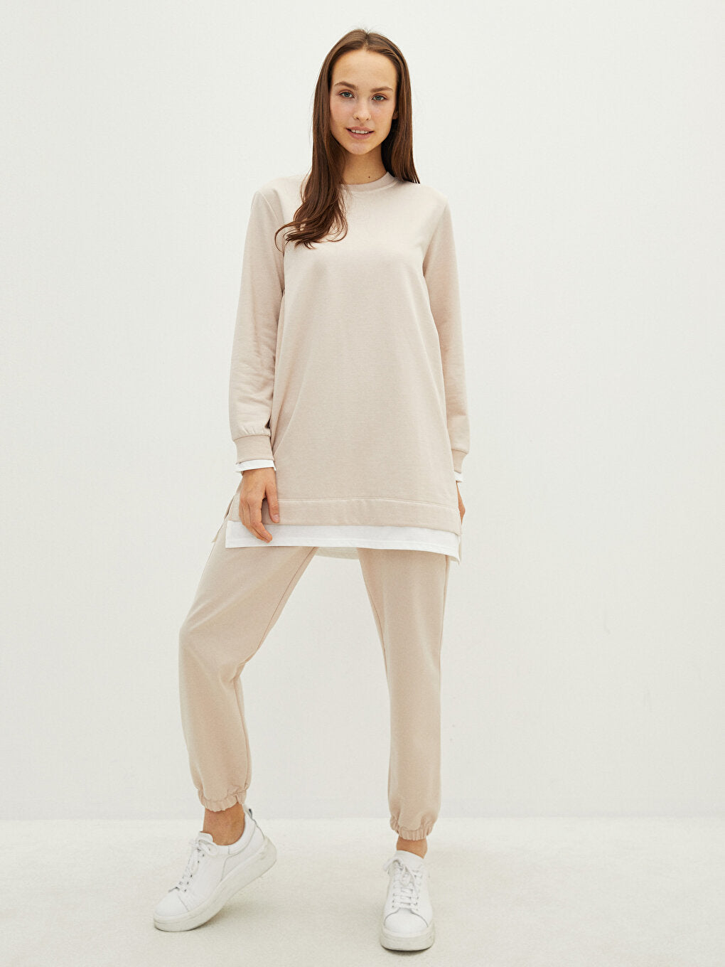 Crew Neck Plain Long Sleeve Women's Sweatshirt Tunic