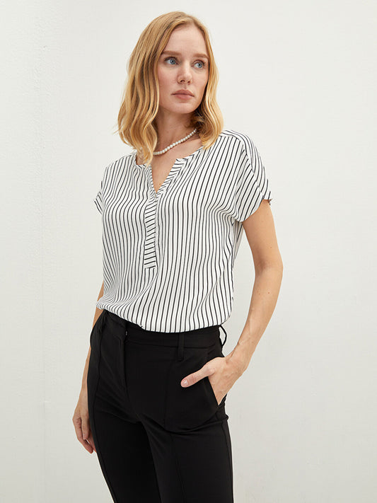 Loose Neck Striped Short Sleeve Viscose Women's Blouse