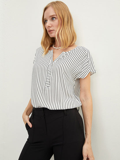 Loose Neck Striped Short Sleeve Viscose Women's Blouse