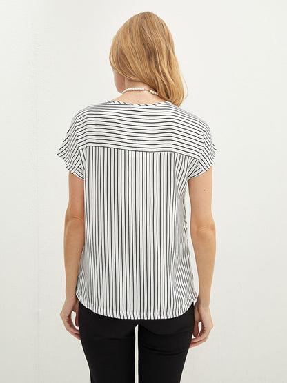 Loose Neck Striped Short Sleeve Viscose Women's Blouse