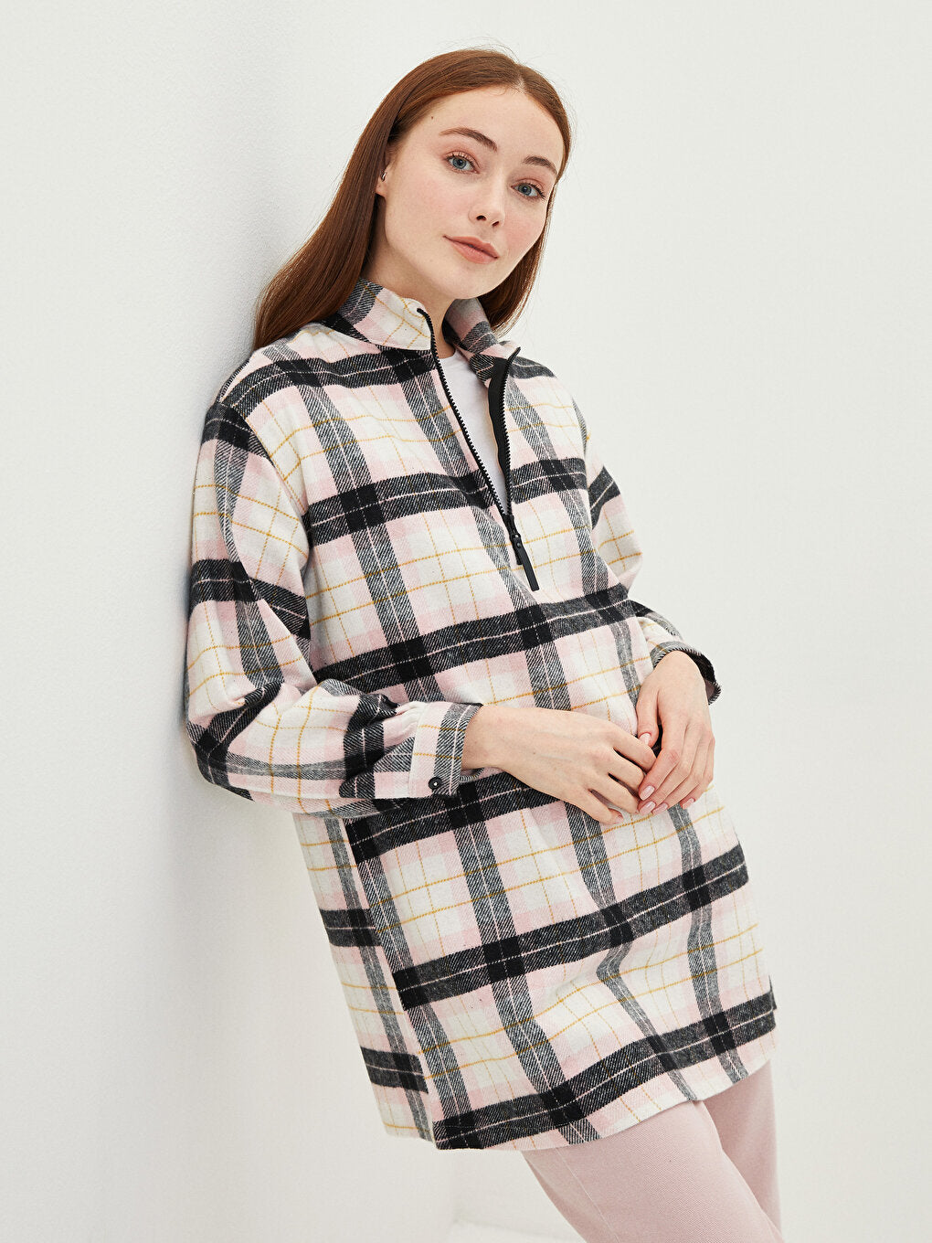 Magnificent Collar Plaid Long Sleeve Women's Tunic